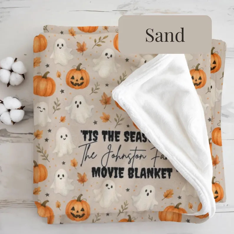 Custom Halloween Family Movie Night Blanket, Personalized Cozy Fall Couch Throw, Homewarming Gift, Ghost Pumpkin Blanket. BLKPETAL4