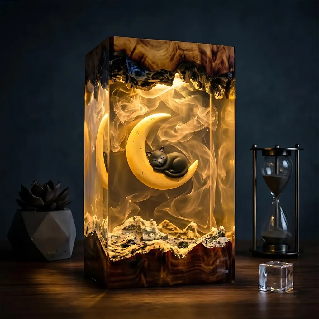 Sleeping Cat Moon Resin Lamp, Book Lover Night Light, Fantasy Reading Decor, Unique Gift for Readers and Cat Fans. RLPETAL03
