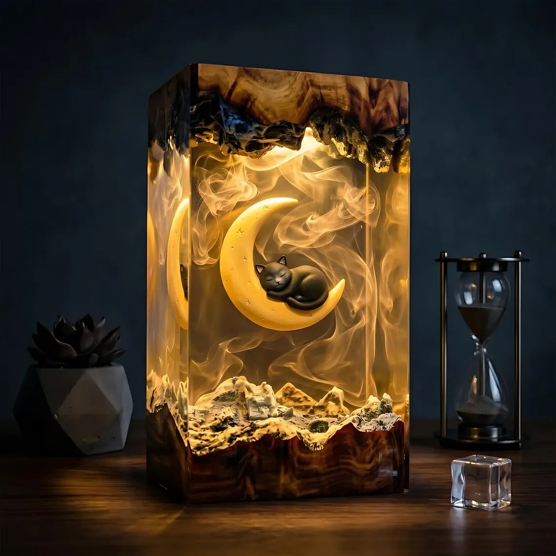 Sleeping Cat Moon Resin Lamp, Book Lover Night Light, Fantasy Reading Decor, Unique Gift for Readers and Cat Fans. RLPETAL03