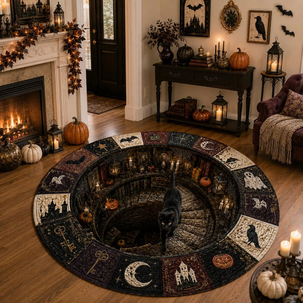Halloween Black Cat Circle Rug, 3D Vortex Illusion Round Rug, Fall Autumn Leaves Spooky Decor, Witchy Floor Carpet Gift for Halloween. QRPETAL25