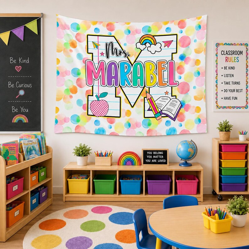 Personalized Welcome Back To School Teacher Tapestry, Classroom Wall Art Banner. CBPETAL04