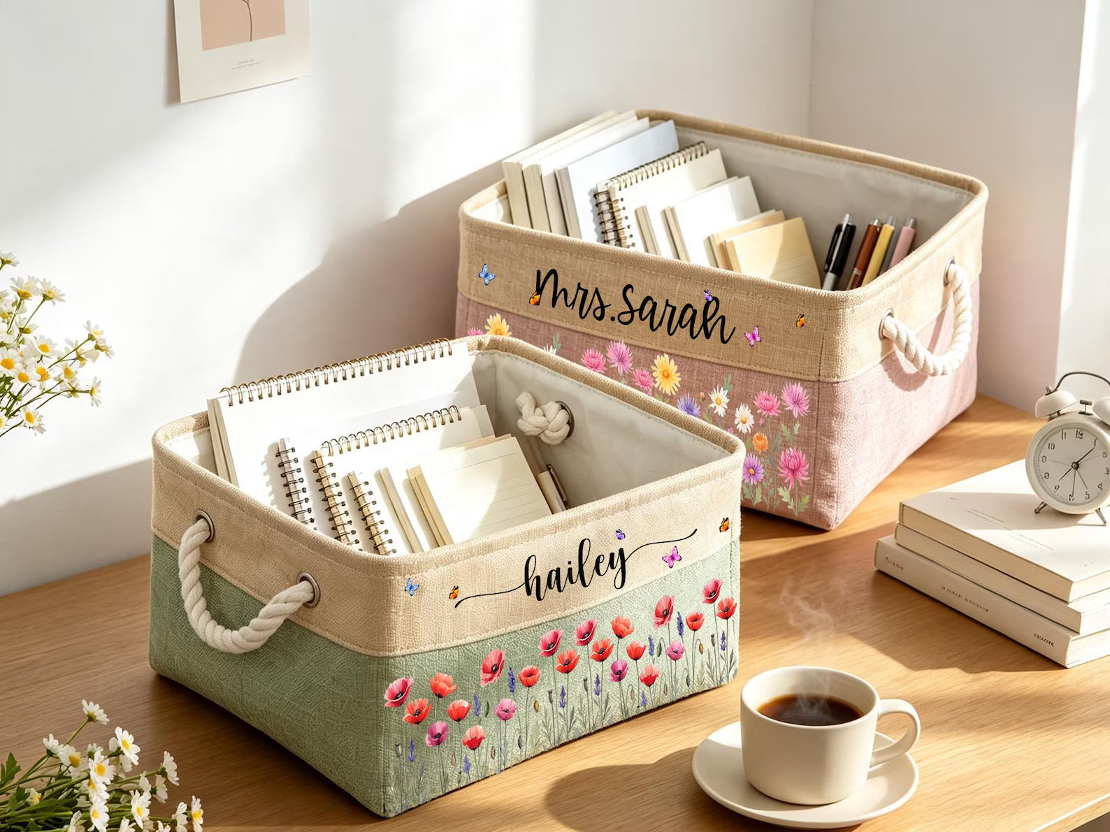 Custom Birth Flower & Name Book Basket For Her, Wife, Daughter, Sister, Coworker, Personalized Storage Basket, Storage Book Holder Gift. BBPETAL7