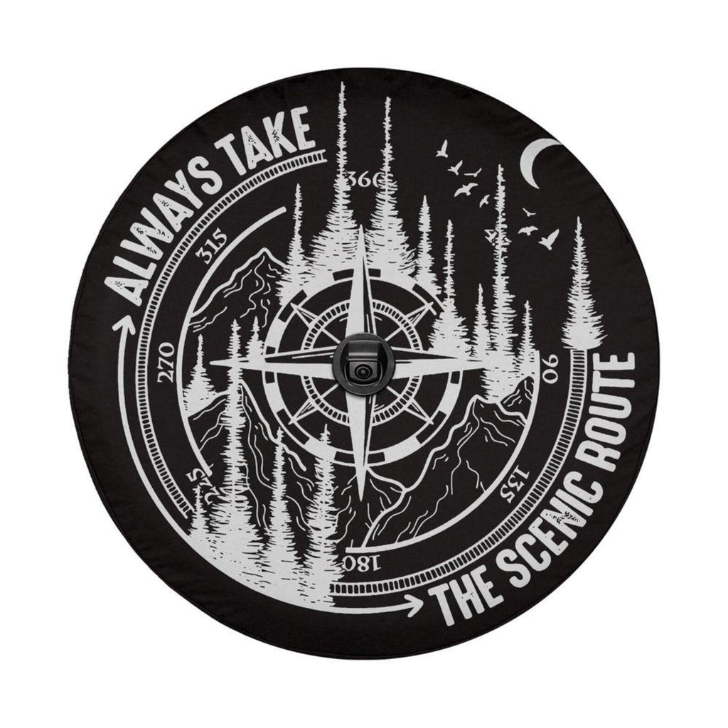 Always Take The Scenic Route Spare Tire Cover, Mountain Compass Jeep Tire Cover, Adventure PVC Leather Tire Cover, Outdoor Travel Vehicle Accessory. TCPETAL14