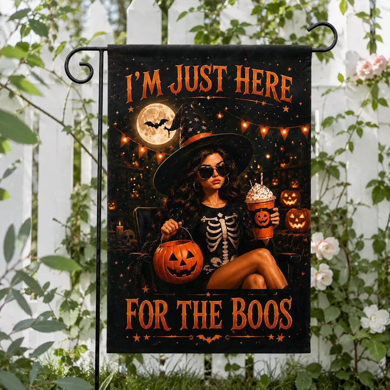 I'm Just Here For The Boos Garden Flag, Funny Halloween Witch Flag, Spooky Season Yard Decor, Summerween Flag. HLWGFPETAL17