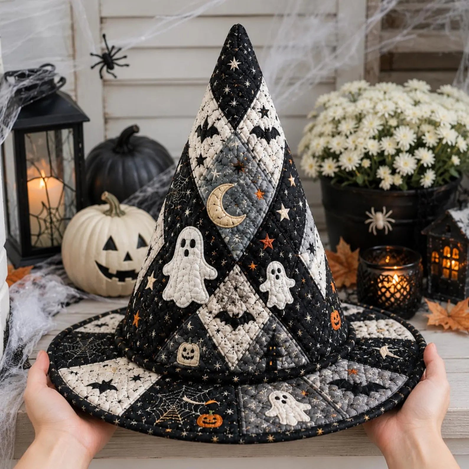 Halloween Quilted Witch Hat, Ghost Patchwork Fabric Hat, Haunted House Wizard Costume, Spooky Gothic Witch Decor, Adult Witch Hat. QWHPETAL19