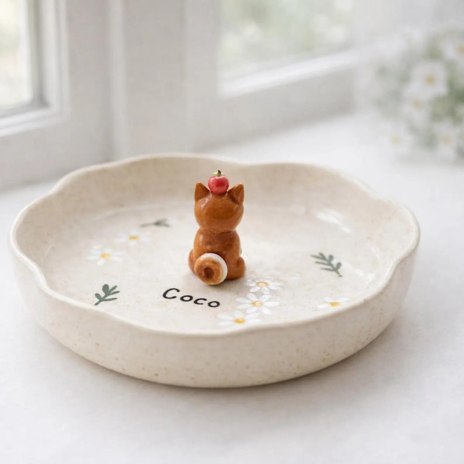 Custom 3D Pet Ring Dish, Daisy Ceramic Jewelry Tray, Hand-sculpted Dog Portrait Trinket Bowl. CPPETAL02