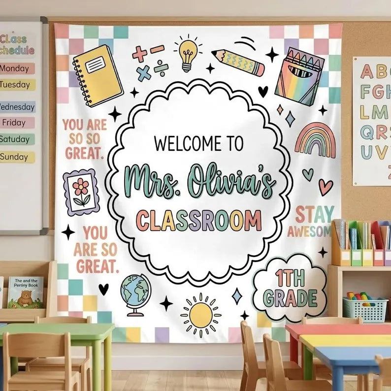 Personalized Teacher Classroom Banner: Welcome Classroom Sign, Back To School Decor,personalized teacher banner. Classroom Banner Custom Name. CBPETAL13
