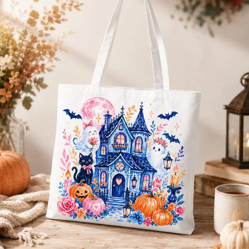 Halloween Tote Bag, Cute Haunted House Canvas Shopper, Ghost Cat Pumpkin Market Bag, Spooky Floral Gift For Her Mom Friend, Fall Decor. HLWTBPETAL11
