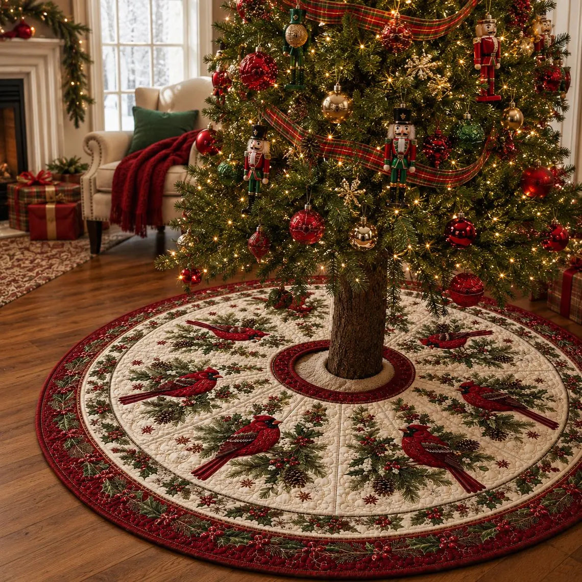 Christmas Red Cardinal Tree Skirt, Holiday Tree Decor, Winter Bird Farmhouse Christmas Decor, Quilted Style Tree Mat. CTSPETAL16