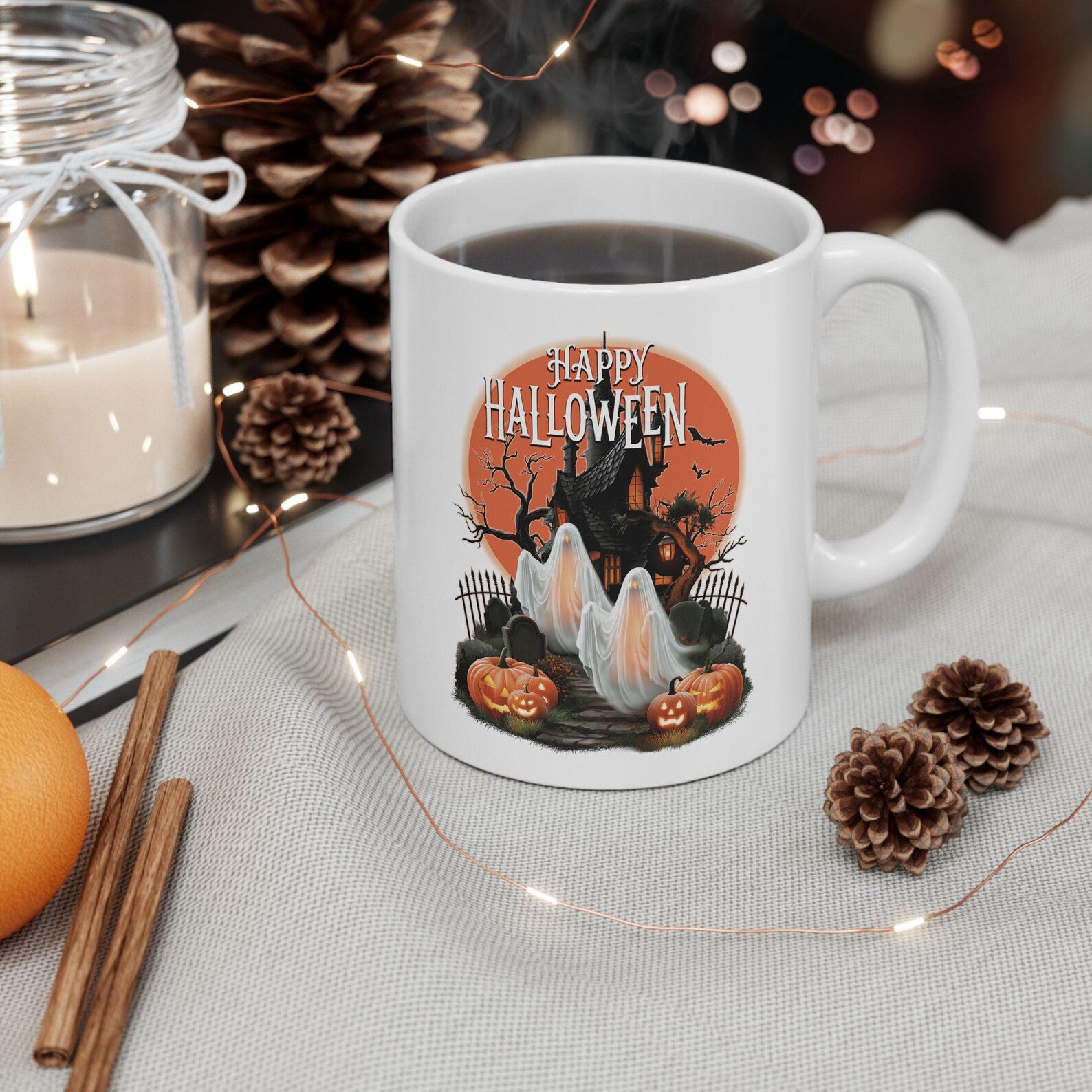 Happy Halloween Mug Spooky Ghosts Coffee Cup Gothic Haunted House Ceramic Mug Glowing Full Moon Autumn Fall Gift Holiday Keepsake Cup. MPETAL13
