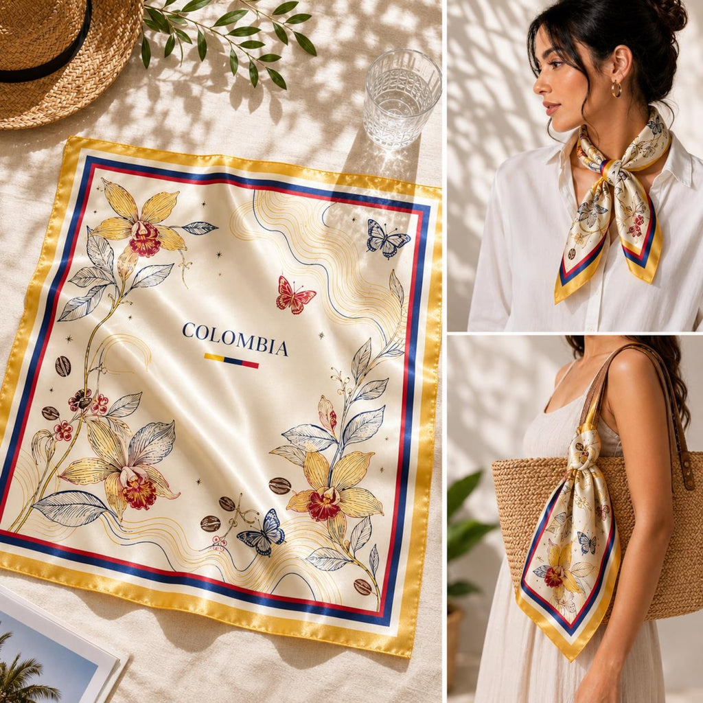 Colombian Heritage Satin Scarf, Colombia Flag Inspired Head Scarf, Neck Hair Scarf, Bag Accessory Gift. SSPETAL20