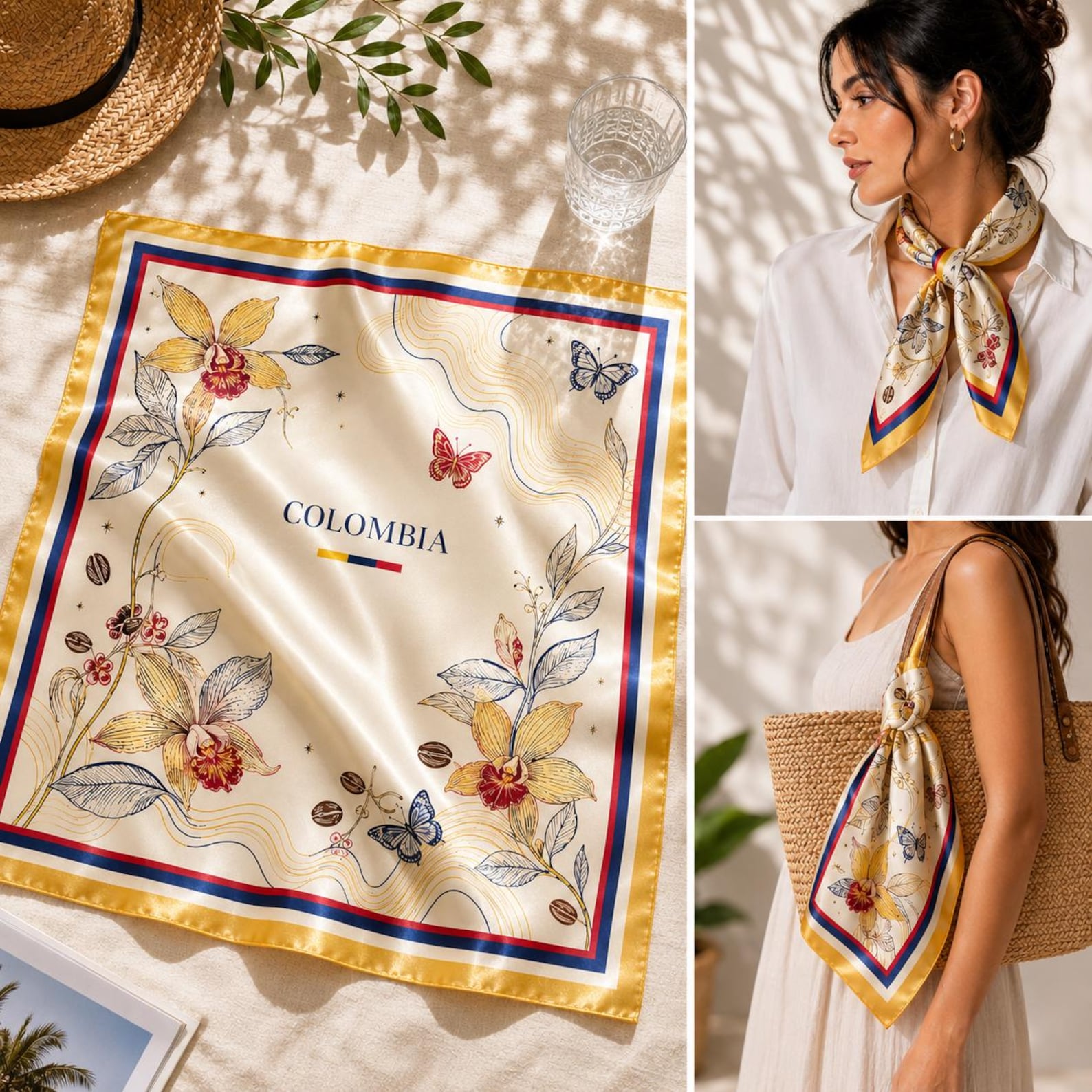 Colombian Heritage Satin Scarf, Colombia Flag Inspired Head Scarf, Neck Hair Scarf, Bag Accessory Gift. SSPETAL20