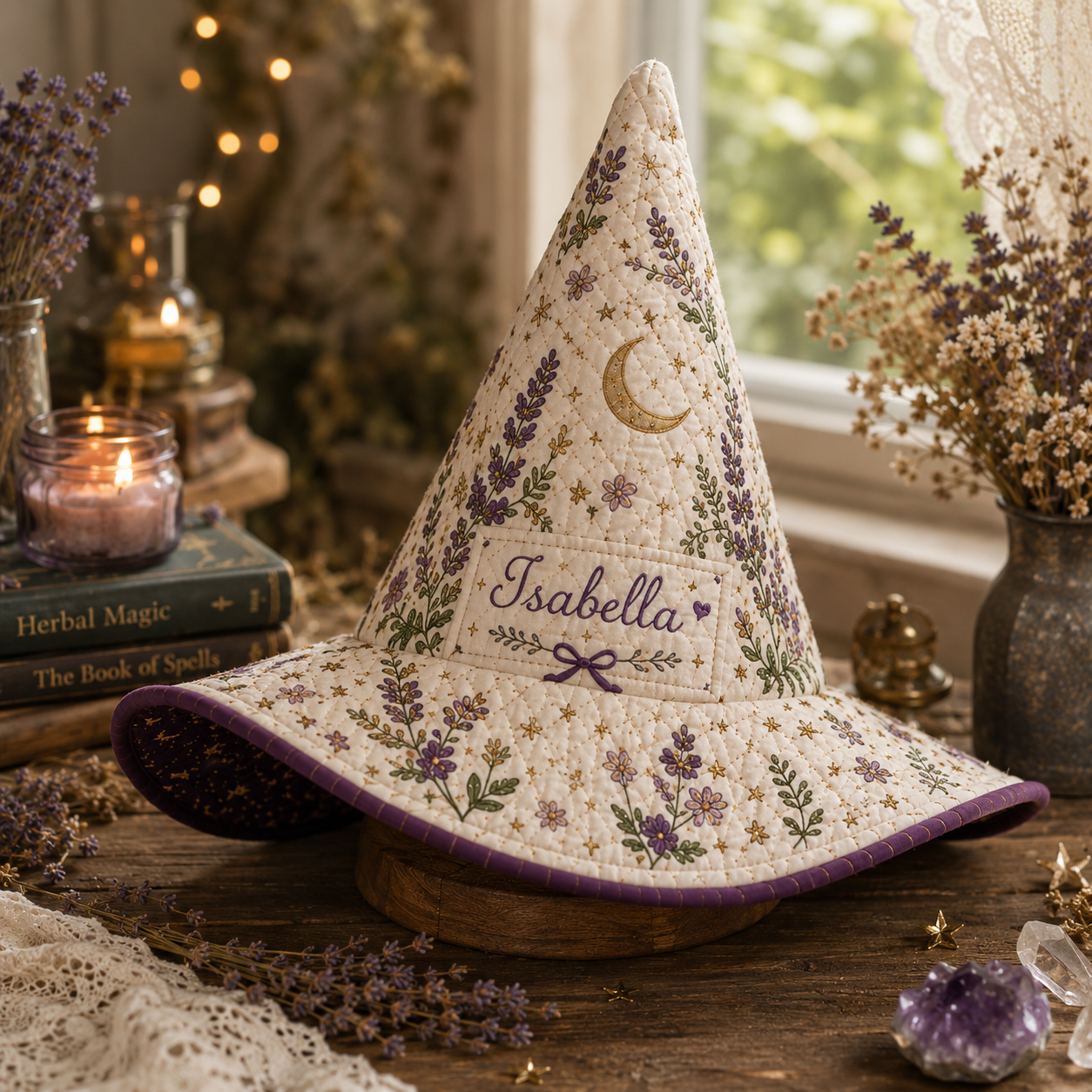 Personalized Quilted Witch Hat for Women – Custom Name Lavender Floral Cottagecore Halloween Witch Hat. QWHPETAL11