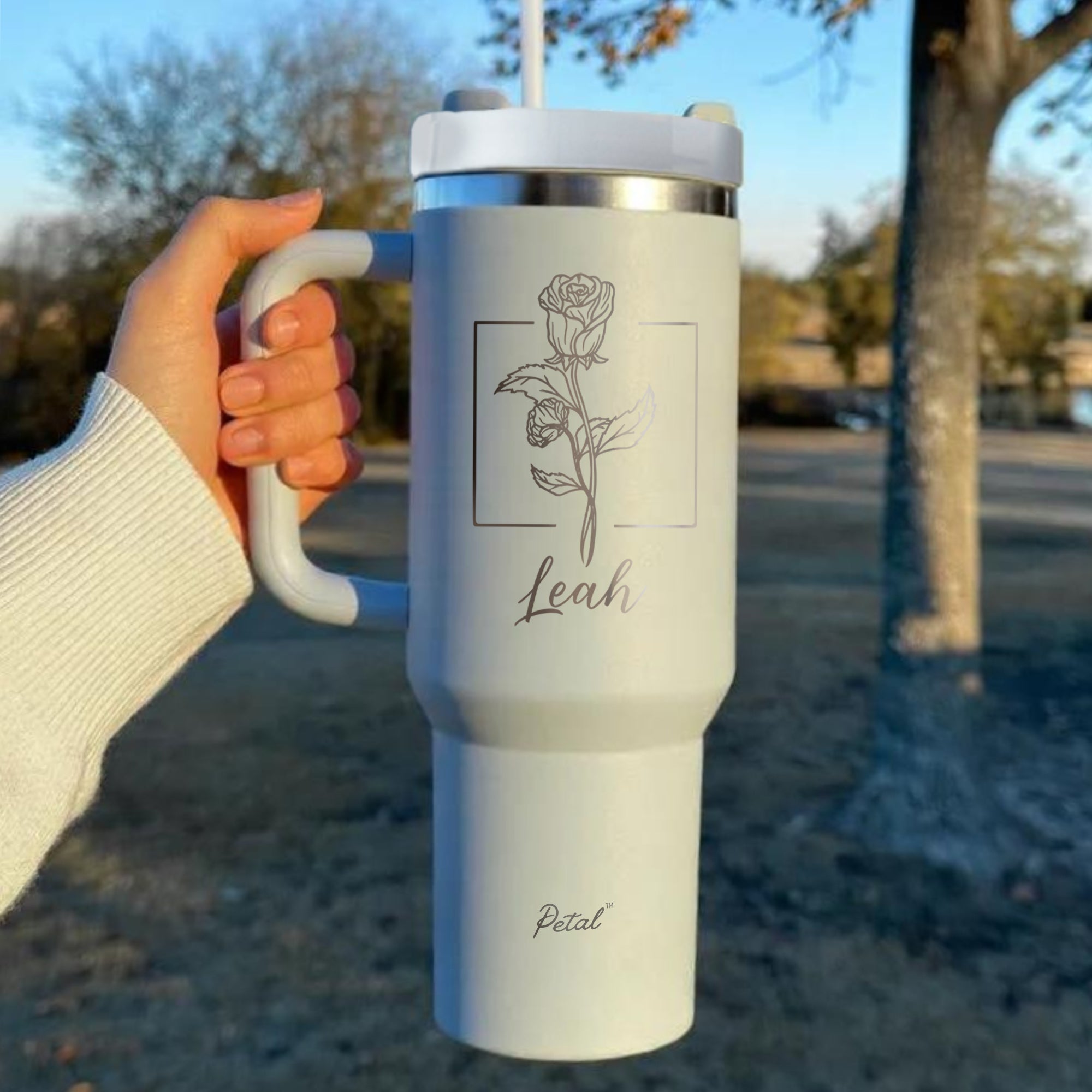 Personalized Birth Flowers With Name Tumbler 40oz, Stainless Steel Tumblers With Straw Handle, Custom Birth Month Flowers Cup, Birthday Gift