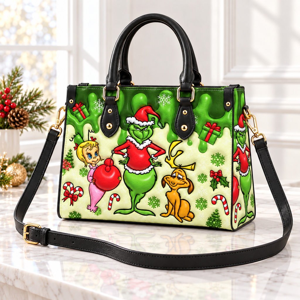 Personalized Grinch Christmas Leather Handbag, Grinch Christmas Leather Tote Bag, Grinch Wallet, Christmas Bag Gift GBAG03