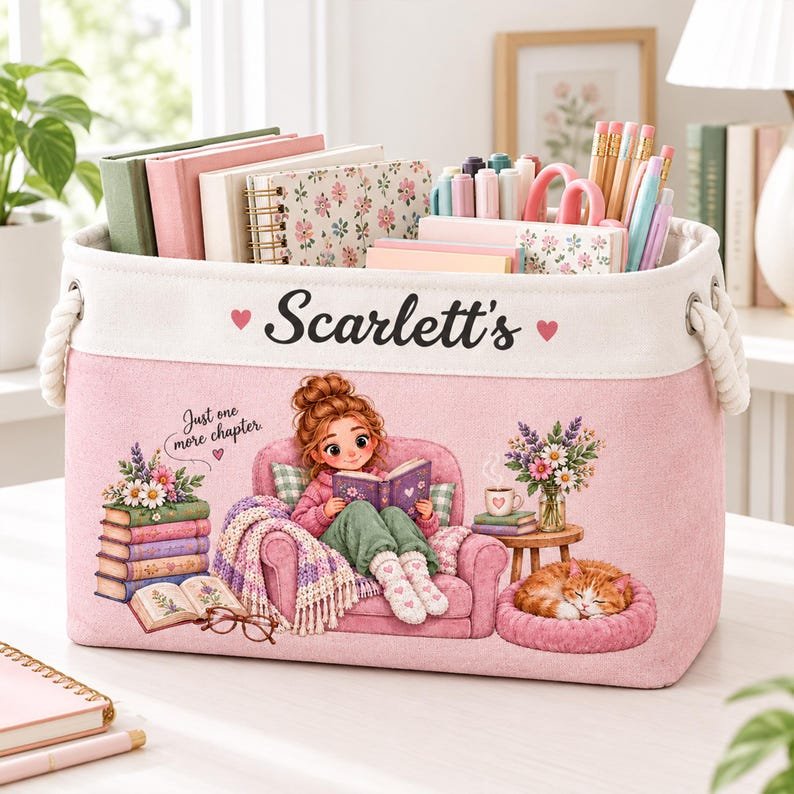 Personalized Book Lover Storage Basket, Custom Reading Corner Basket, Cozy Pets Bookish Caddy, Reader Desk Organizer, Bookworm Gift For Her BBPETAL13