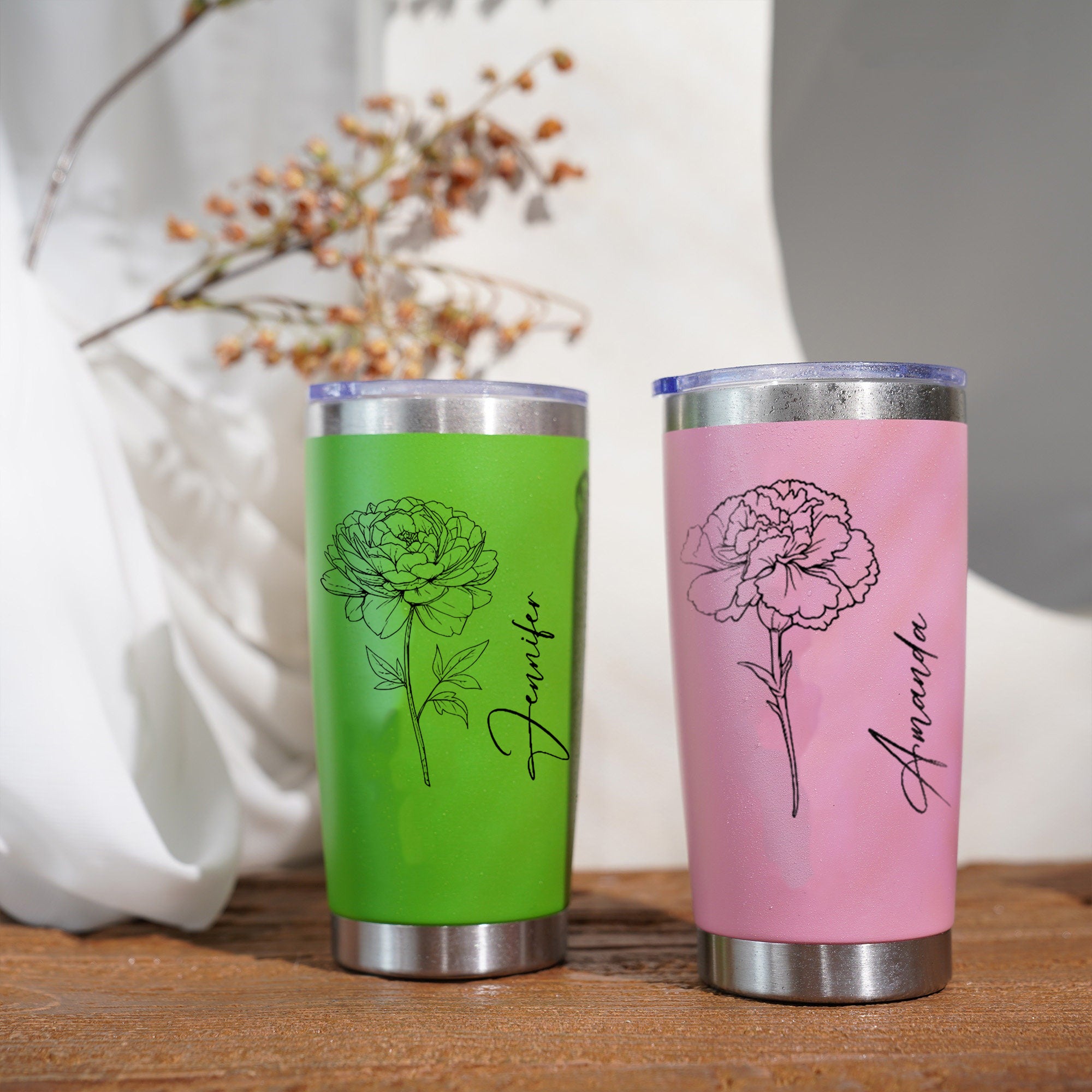 Personalized Birth Flower Tumbler with Name, Custom Stainless Steel Travel Mug with Straw, Floral Birthday Gift for Her