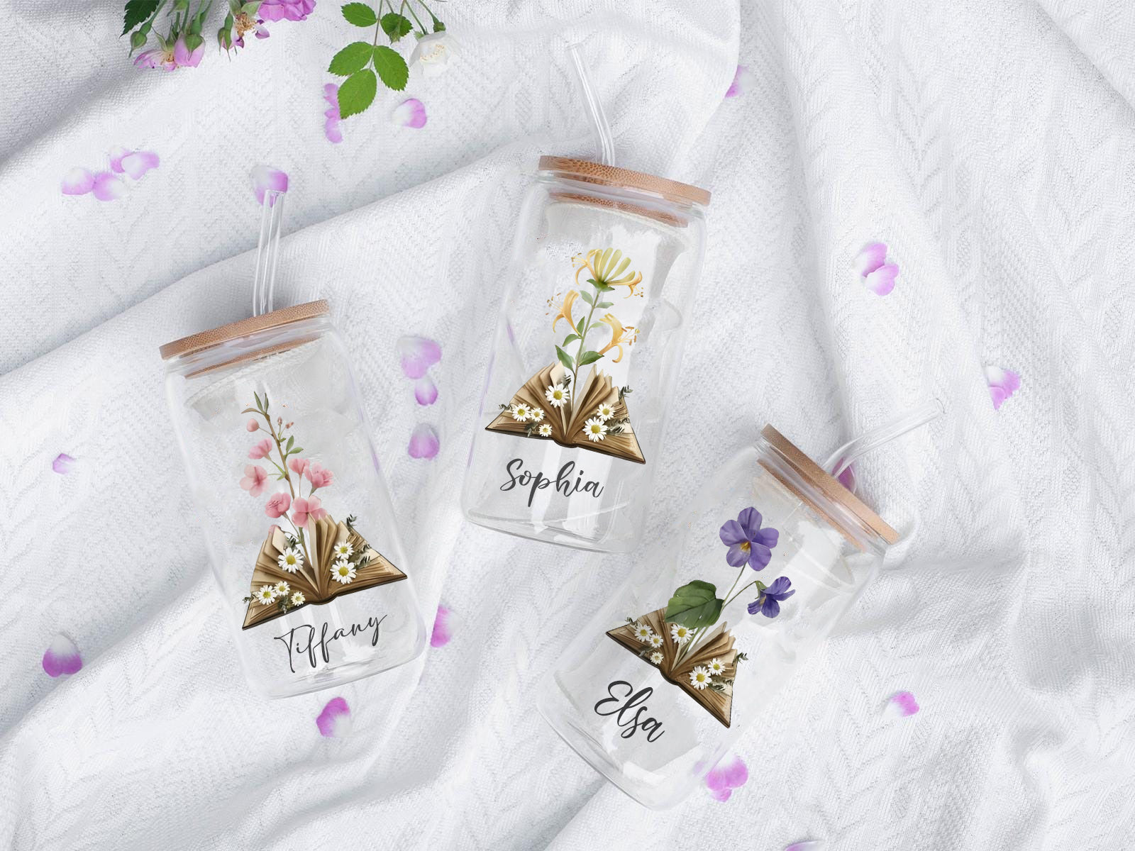 Personalized Book and Flower Glass Cup with Bamboo Lid and Straw, Custom Name Iced Coffee Tumbler, Literary Floral Gift for Book Lovers and Her