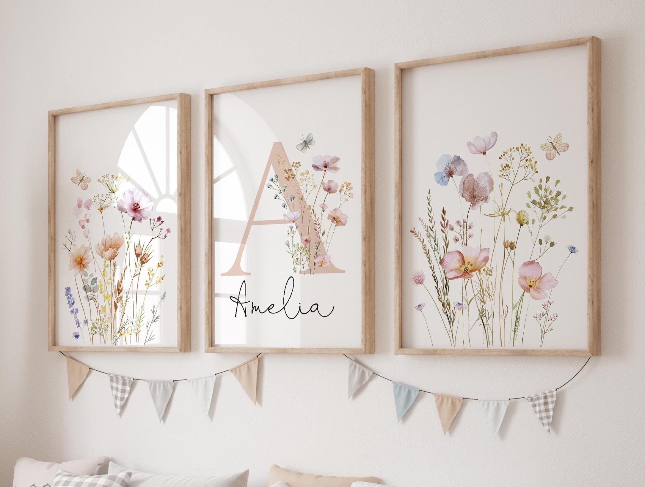 Floral Nursery Wall Art, Custom Wildflowers Prints, Boho Baby Girl Nursery Decor, Watercolor Flowers, Personalized Name - Initial, Digital