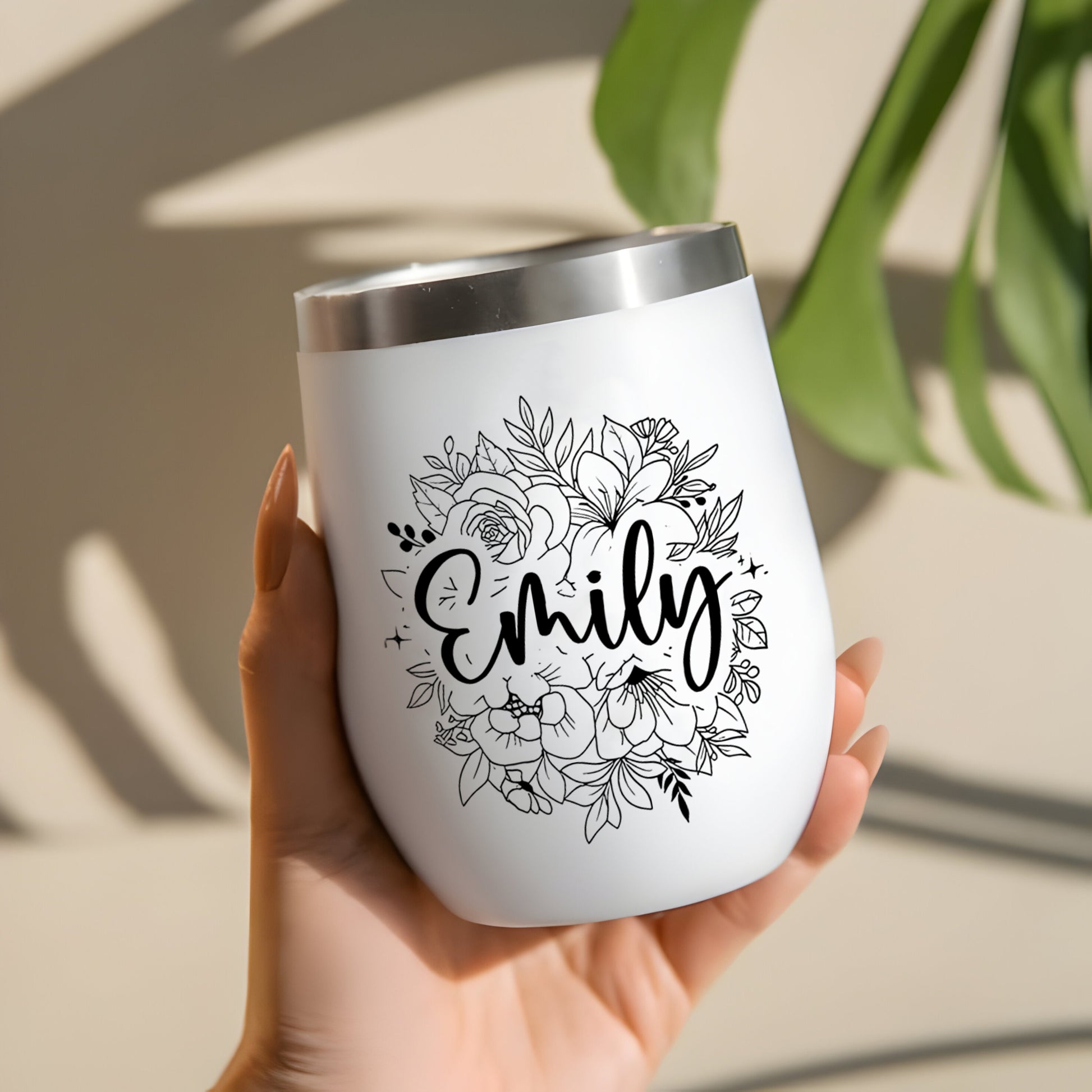 Personalized Flowers With Name Edged Wine Tumbler 12oz, Custom Birth Month Flowers Cup, Birthday Gift