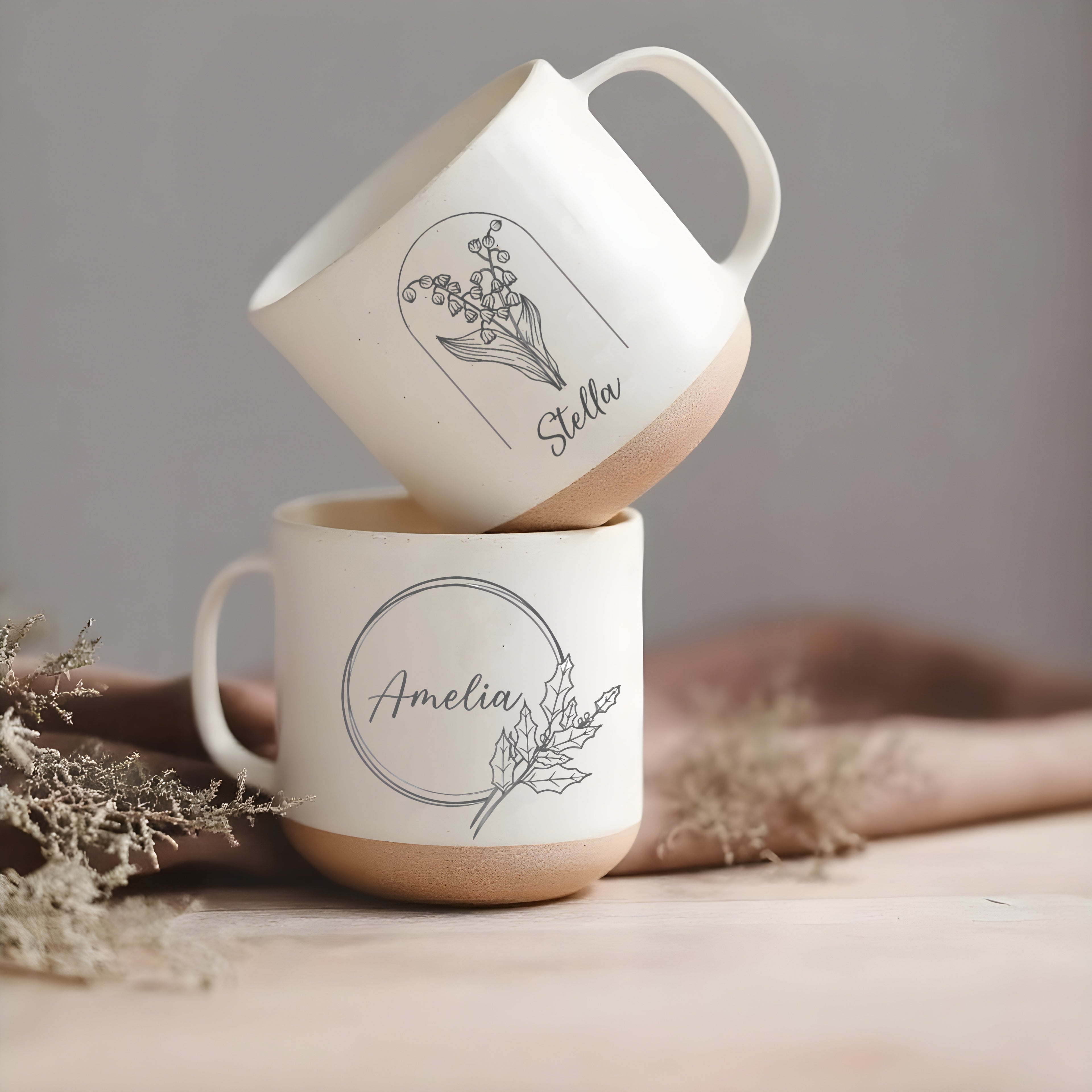 Monthly Bloom Pottery Mug, Personalized Birth Flower Engraved Ceramic Cup with Name, Custom Floral Coffee Mug Gift