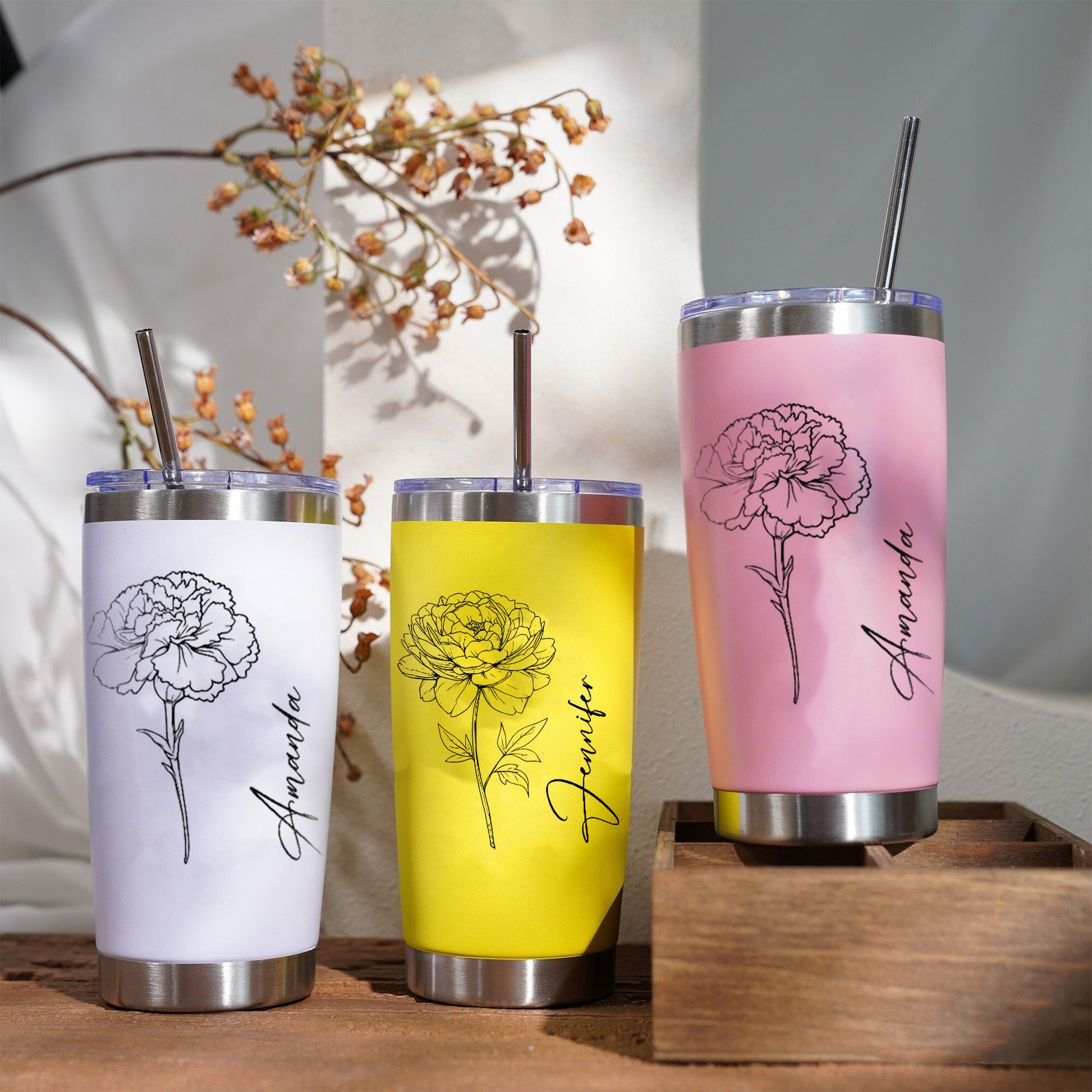 Personalized Birth Flower Tumbler with Name, Custom Stainless Steel Travel Mug with Straw, Floral Birthday Gift for Her