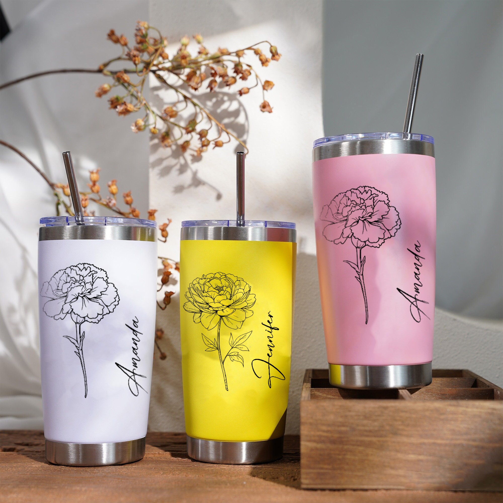 Personalized Birth Flower Tumbler with Name, Custom Stainless Steel Travel Mug with Straw, Floral Birthday Gift for Her