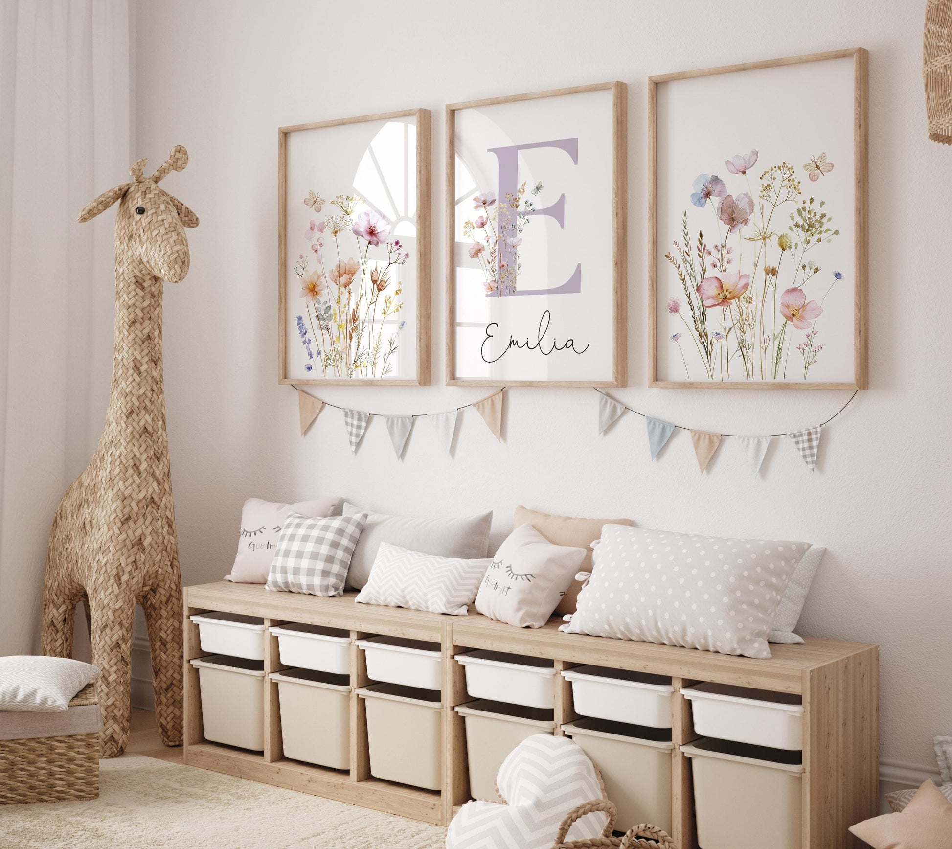 Floral Nursery Wall Art, Custom Wildflowers Prints, Boho Baby Girl Nursery Decor, Watercolor Flowers, Personalized Name - Initial, Digital