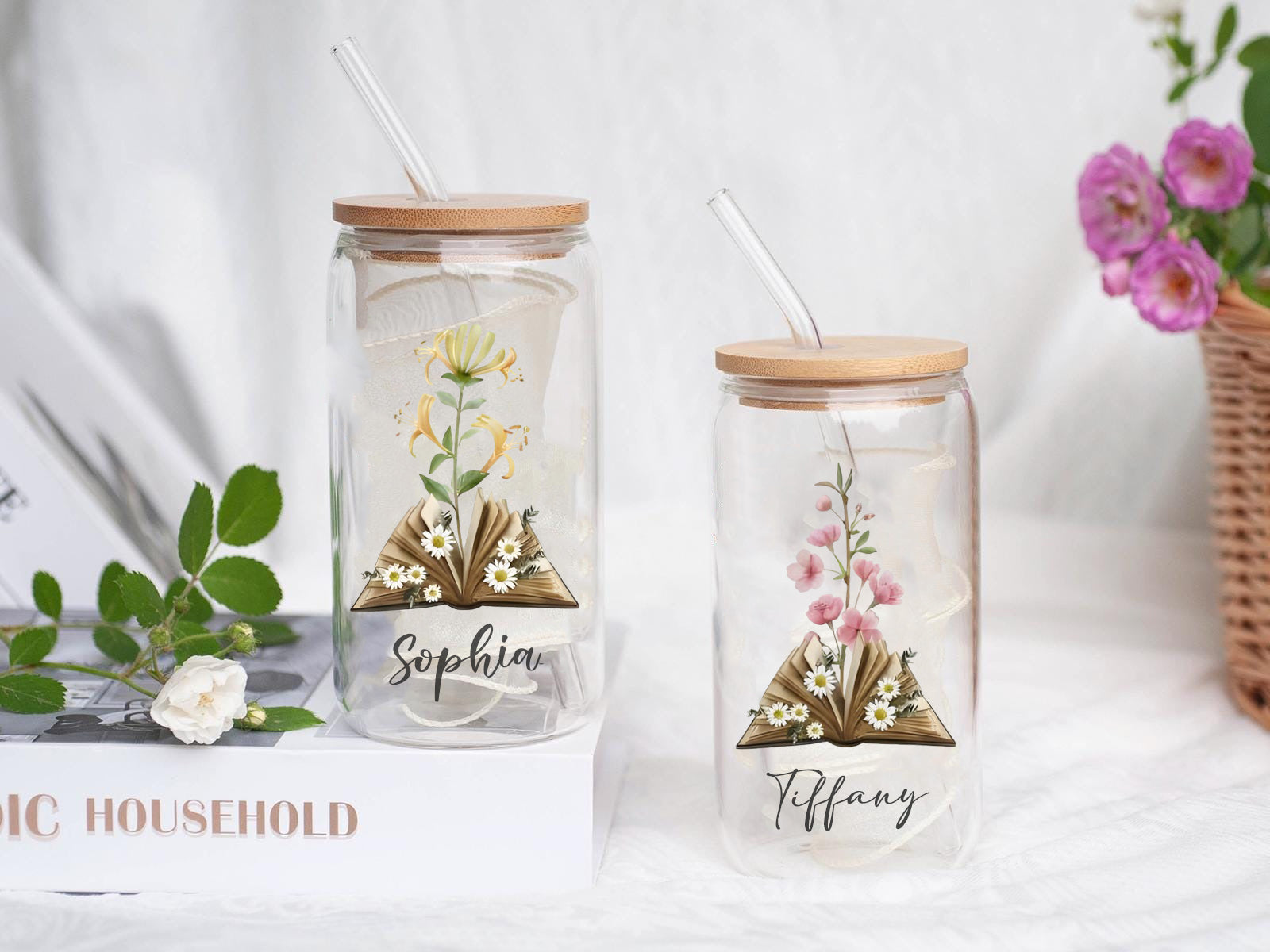 Personalized Book and Flower Glass Cup with Bamboo Lid and Straw, Custom Name Iced Coffee Tumbler, Literary Floral Gift for Book Lovers and Her