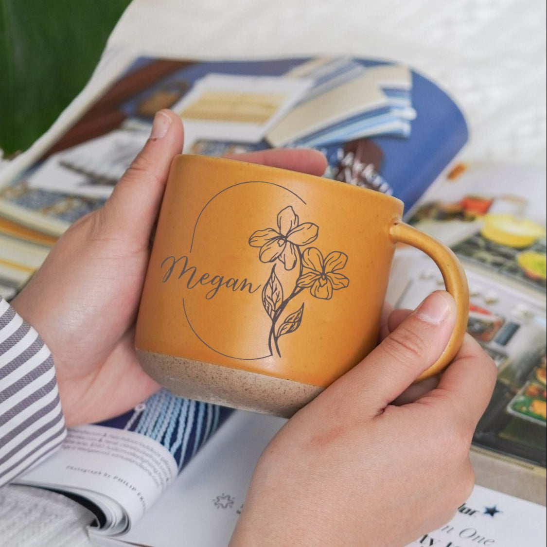 Monthly Bloom Pottery Mug, Personalized Birth Flower Engraved Ceramic Cup with Name, Custom Floral Coffee Mug Gift