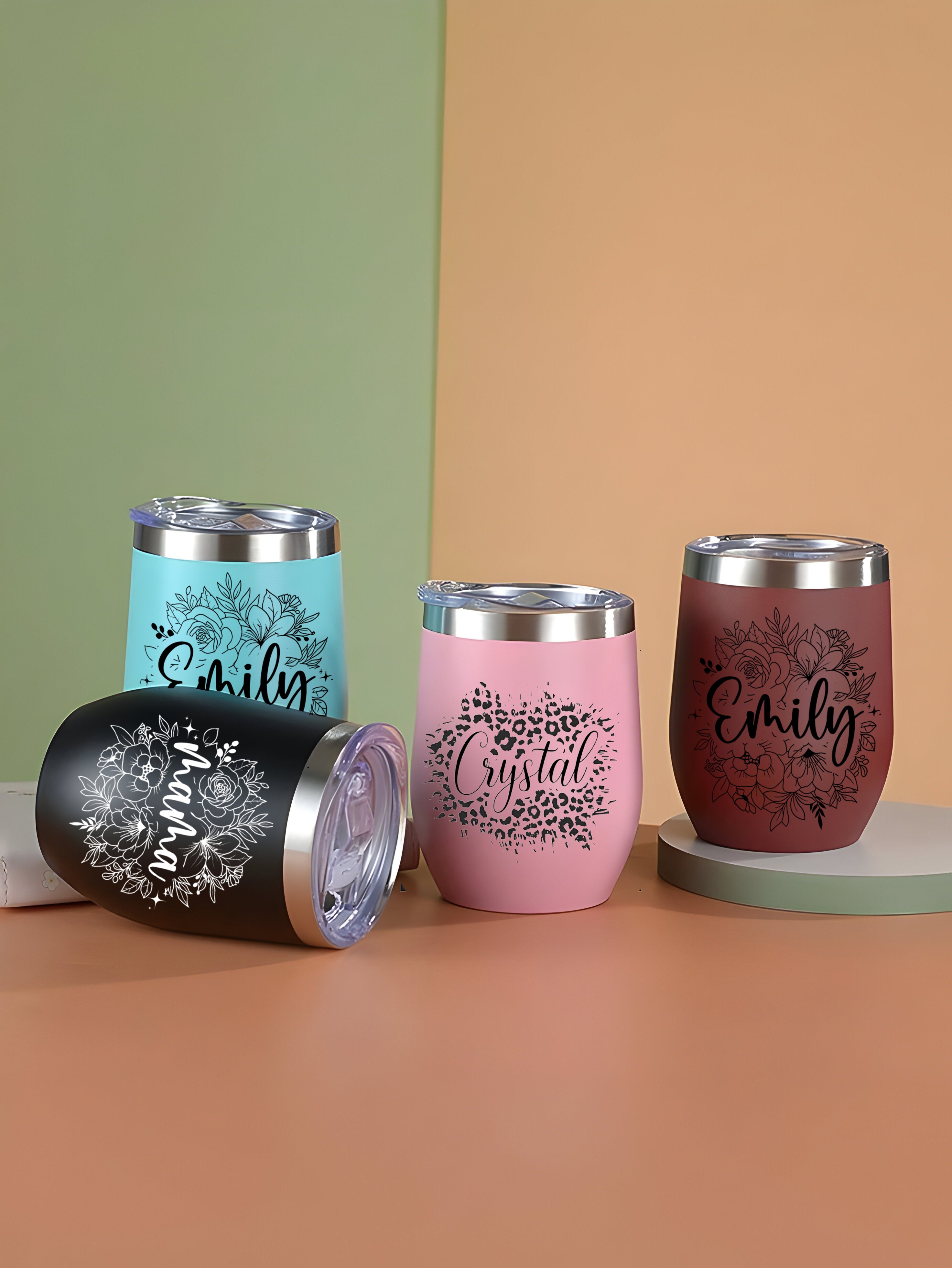 Personalized Flowers With Name Edged Wine Tumbler 12oz, Custom Birth Month Flowers Cup, Birthday Gift