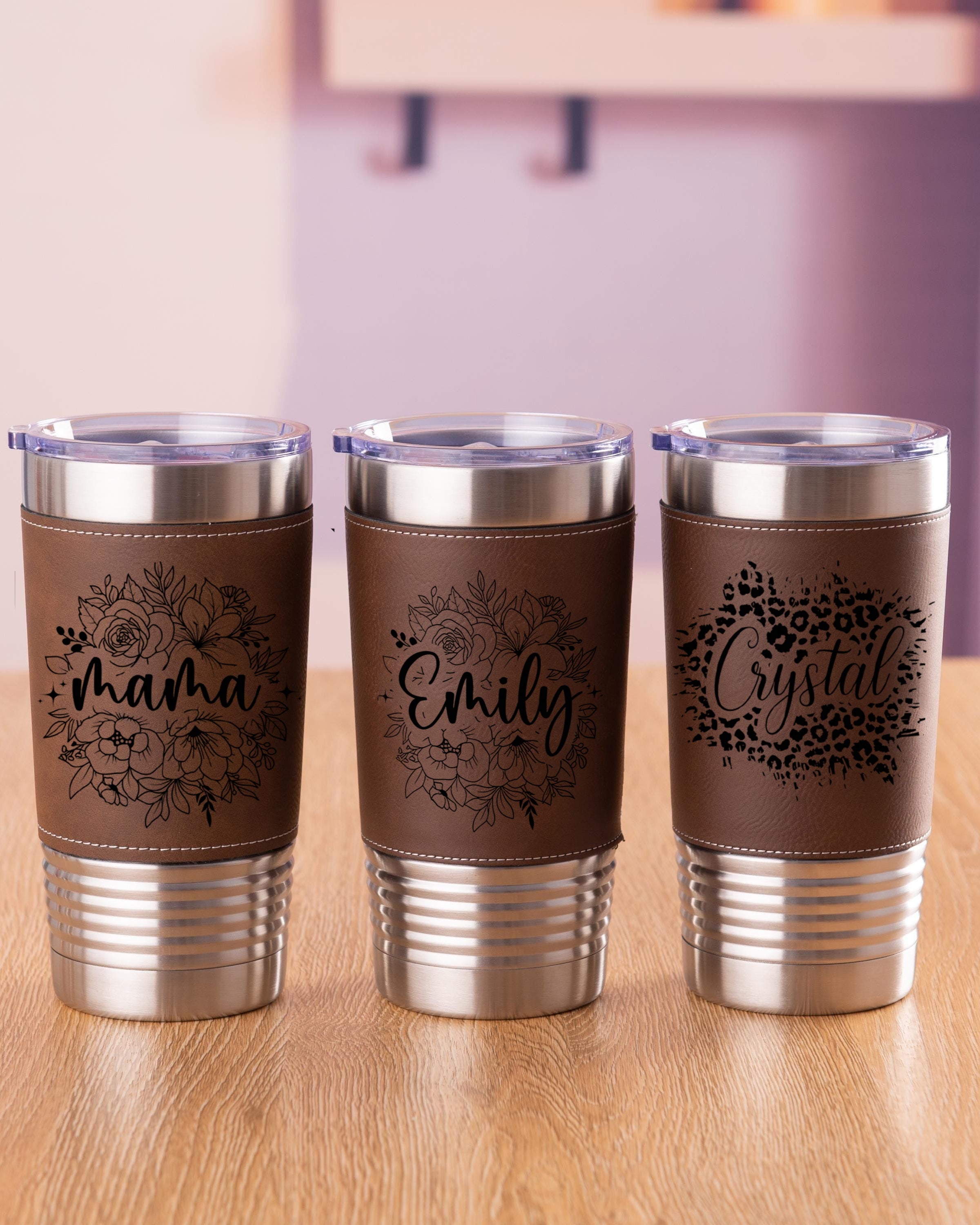 Personalized Flowers With Name Leather Tumbler 20oz, Bridesmaid Gift, Custom Name Travel Cup, Birthday Gift, Gift For Her Mother