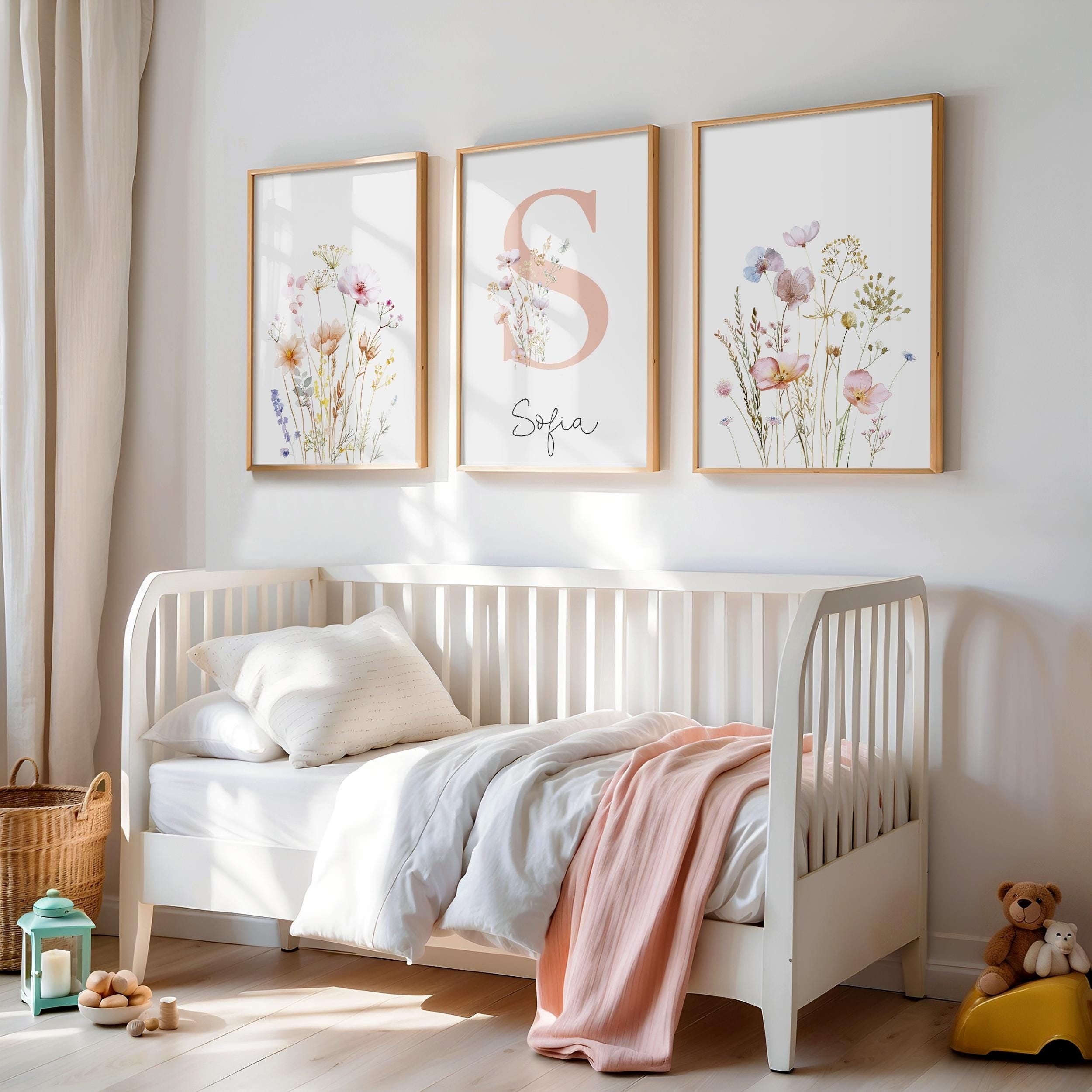 Floral Nursery Wall Art, Custom Wildflowers Prints, Boho Baby Girl Nursery Decor, Watercolor Flowers, Personalized Name - Initial, Digital