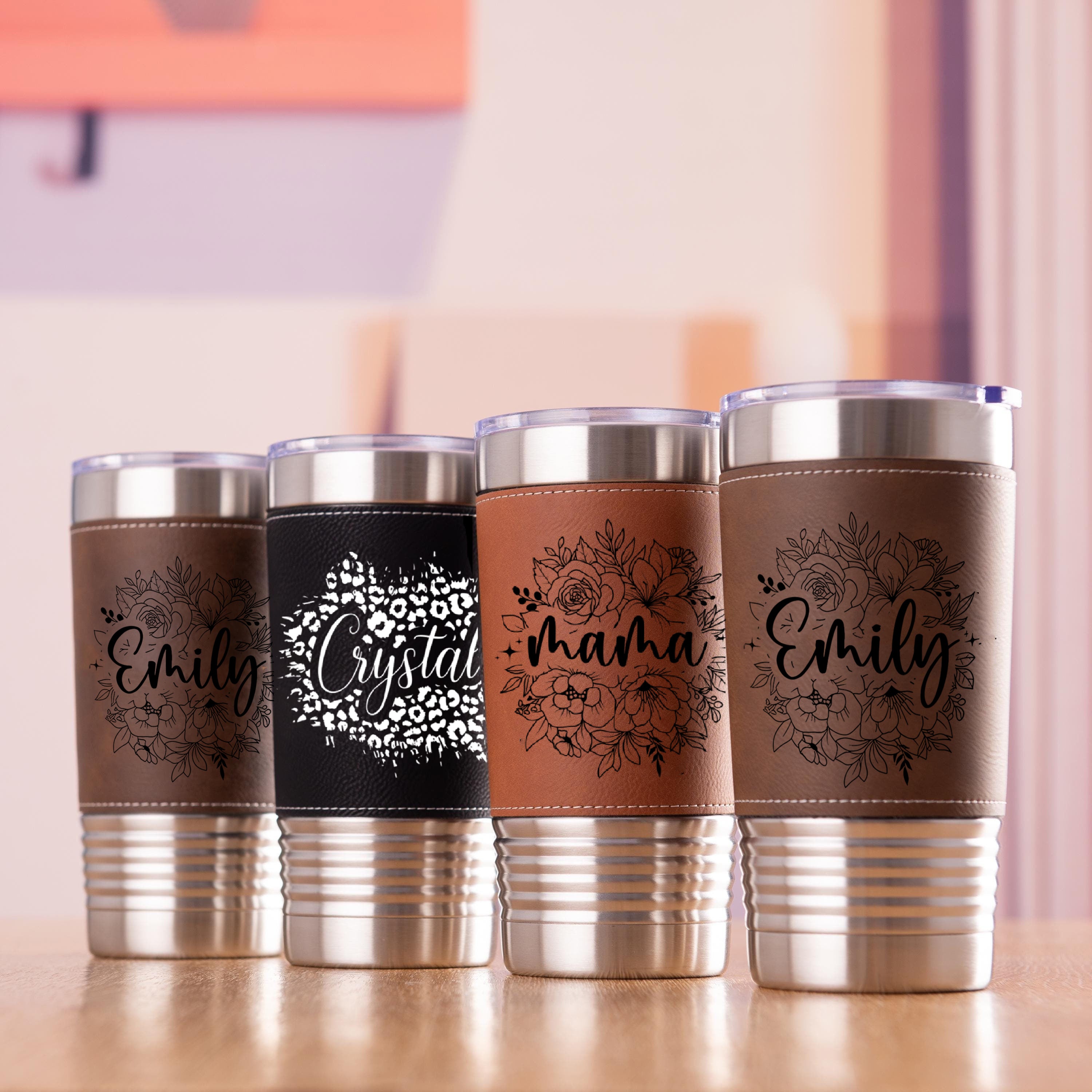 Personalized Flowers With Name Leather Tumbler 20oz, Bridesmaid Gift, Custom Name Travel Cup, Birthday Gift, Gift For Her Mother