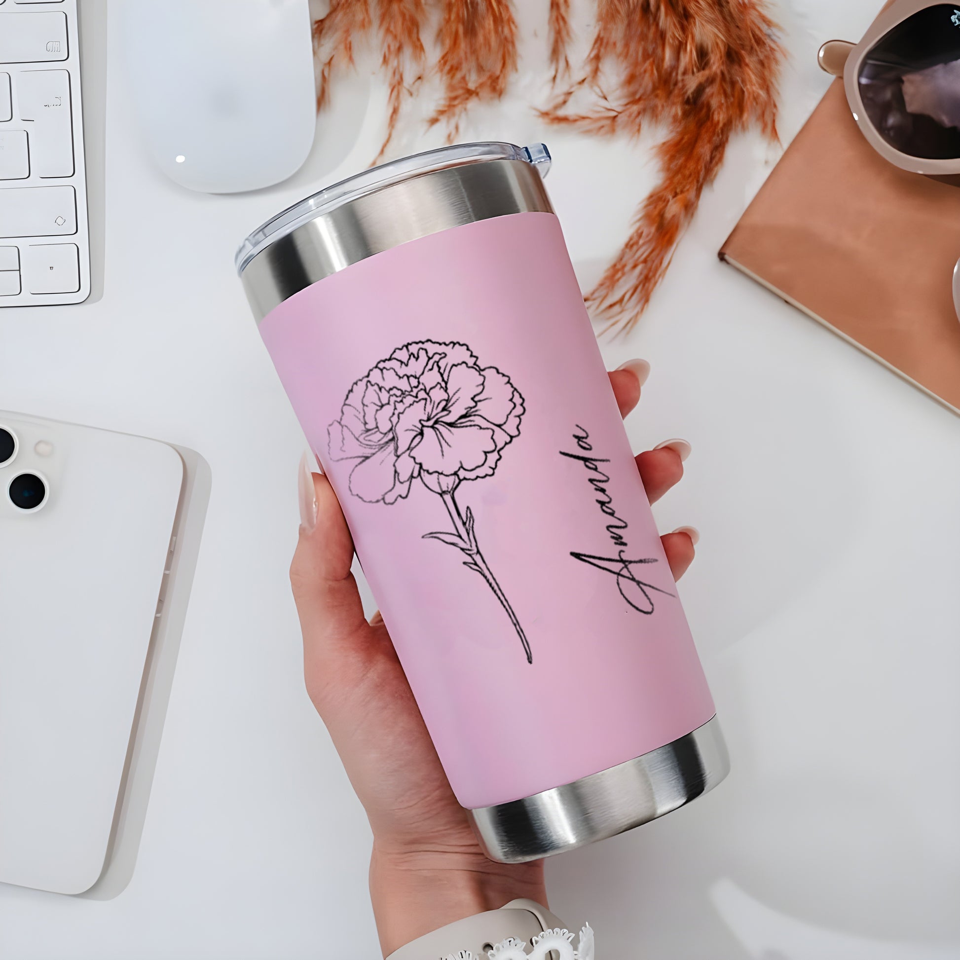 Personalized Birth Flower Tumbler with Name, Custom Stainless Steel Travel Mug with Straw, Floral Birthday Gift for Her