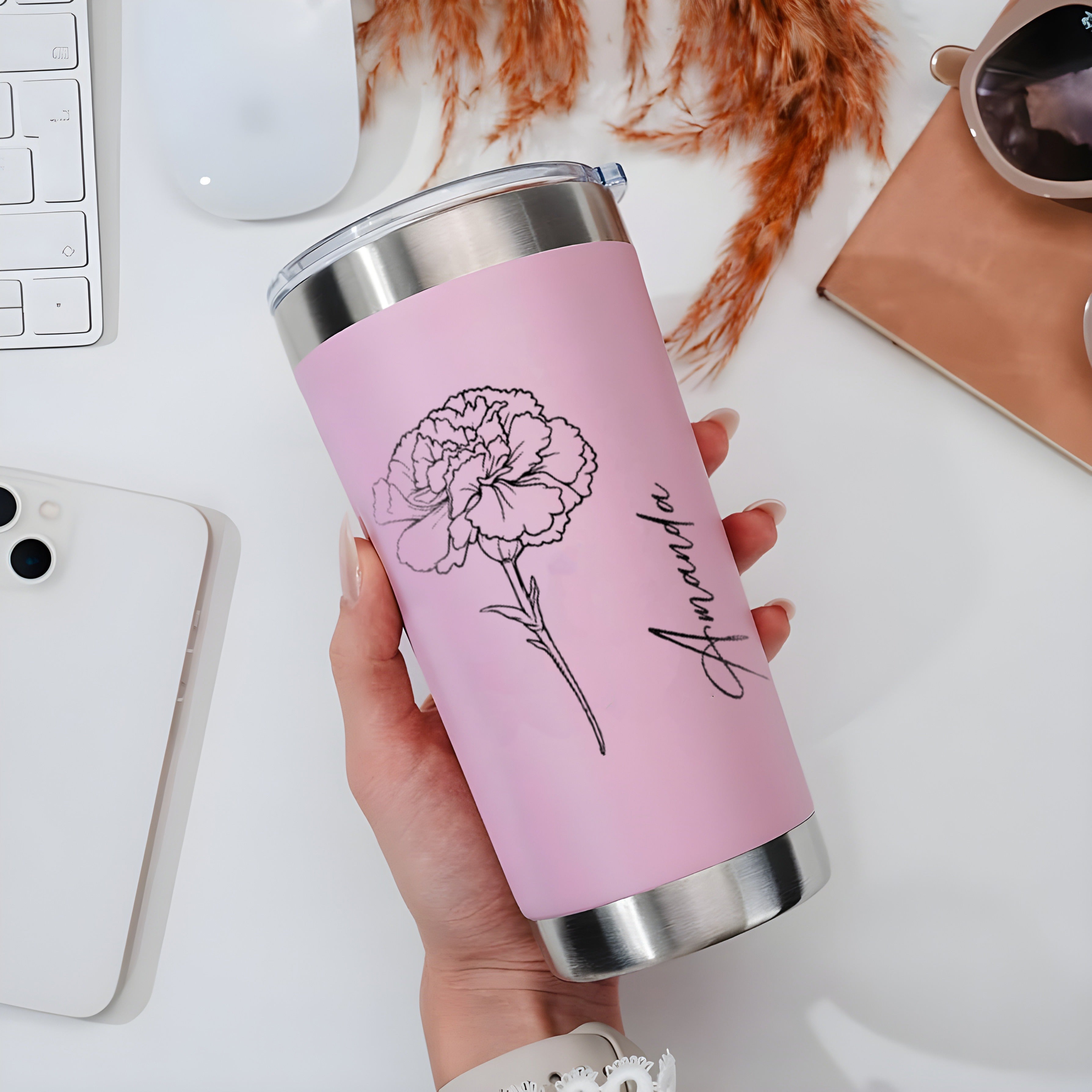 Personalized Birth Flower Tumbler with Name, Custom Stainless Steel Travel Mug with Straw, Floral Birthday Gift for Her