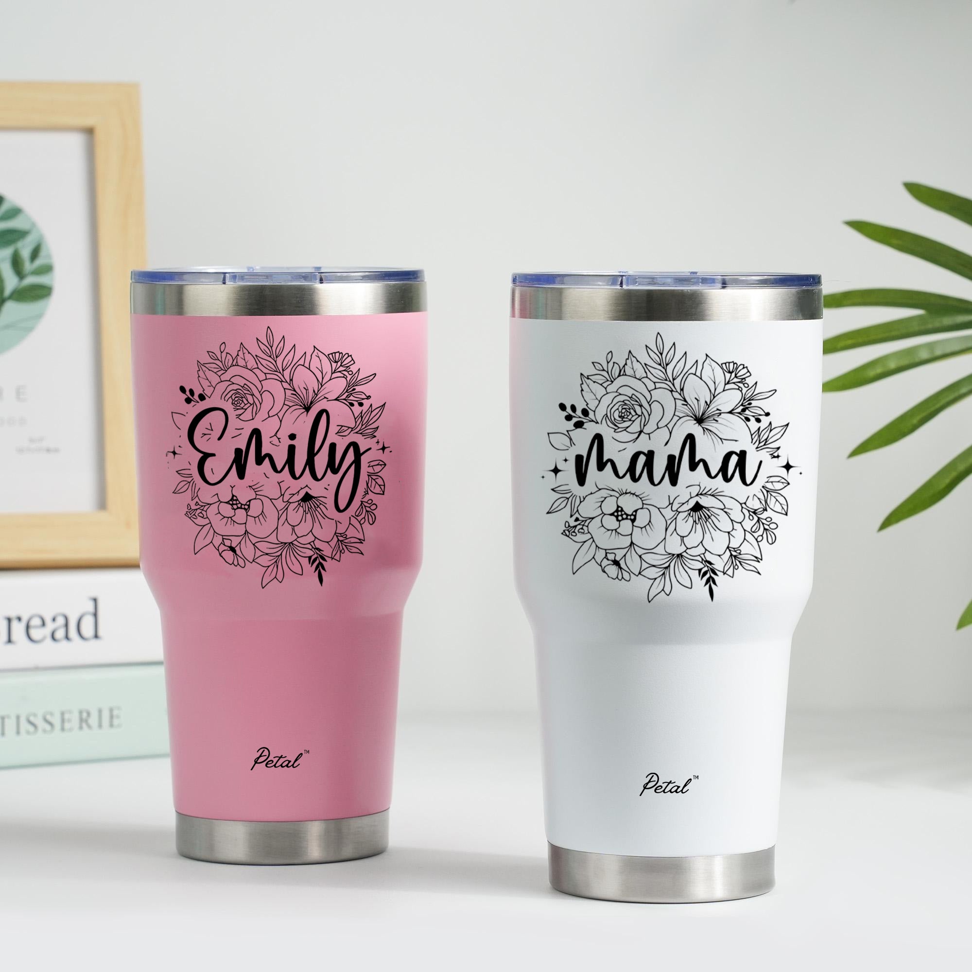 Personalized Flowers With Name Step Tumbler 30oz, Stainless Steel Tumblers With Straw Handle, Custom Birth Month Flowers Cup, Birthday Gift
