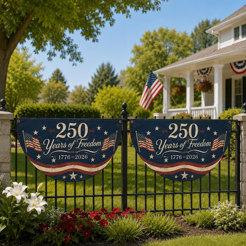 USA 250th Anniversary Semi Circle Banner, 1776-2026 Patriotic Porch Fence Decor, America Semiquincentennial Bunting Flag, 4th of July Decor. BPETAL03
