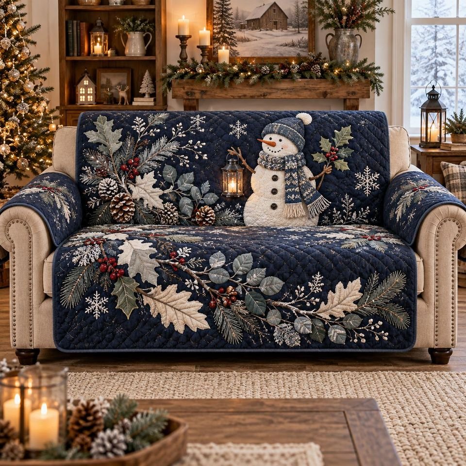 Personalized Winter Snowman Quilted Sofa Cover, Snowman Sofa Cover, Patchwork Couch Throw, Sofa Protector, Holiday Sofa Decor QUILTSOFA34