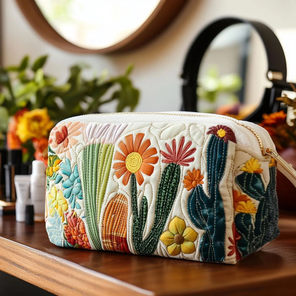 Quilted Cactus & Wildflower Makeup Bag, Desert Botanical Cosmetic Bag, Floral Travel Toiletry Pouch, Southwest Zipper Organizer Gift – QMBPETAL40