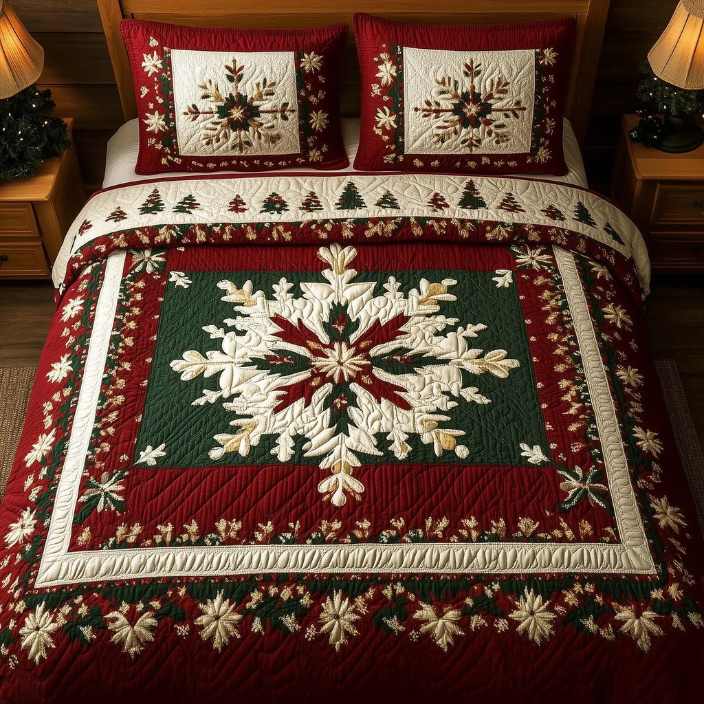 Snowflake Quilted Bedding Set, Christmas Snowflake Blanket with Pillowcases, Festive Winter Bedroom Decor, Bedding Decor PTBED71