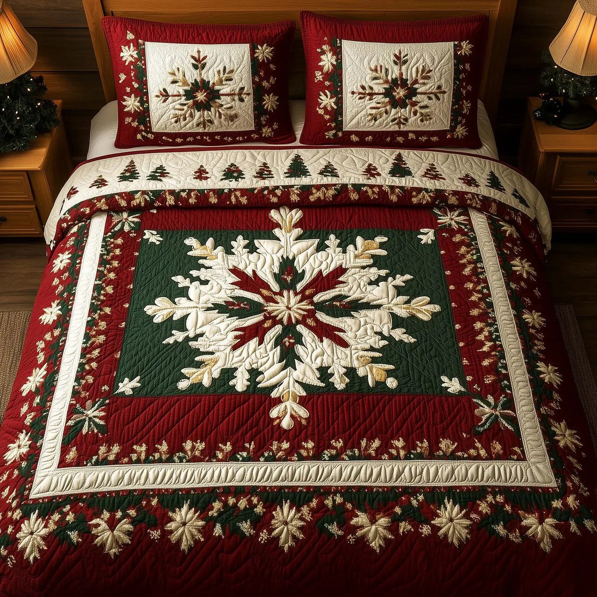 Snowflake Quilted Bedding Set, Christmas Snowflake Blanket with Pillowcases, Festive Winter Bedroom Decor, Bedding Decor PTBED71