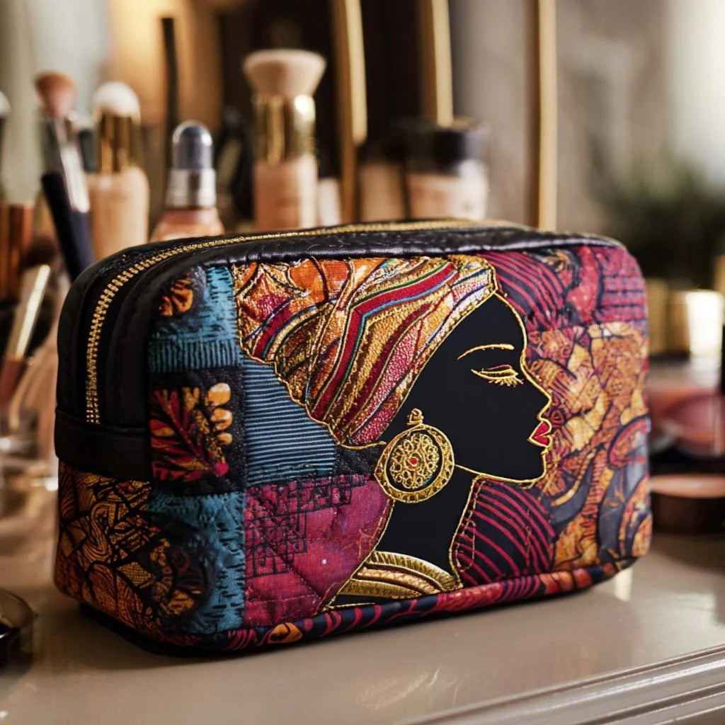 Quilted African Queen Makeup Bag, Afro Woman Cosmetic Bag, African Art Travel Toiletry Pouch, Cultural Patchwork Zipper Organizer Gift – QMBPETAL41