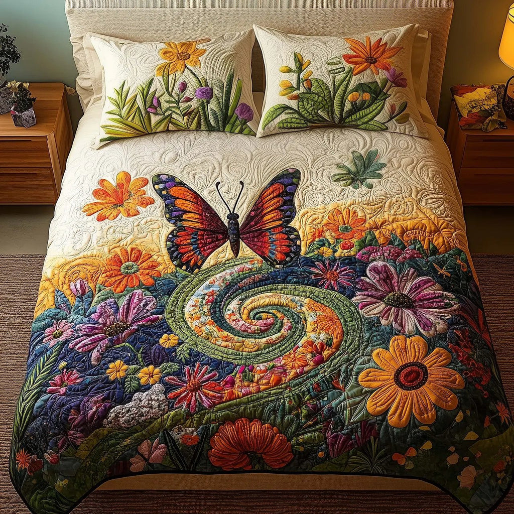 Butterfly Garden Quilted Bedding Set, Summer Vibes Floral Blanket with Pillowcases, Festive Winter Bedroom Decor, Bedding Decor PTBED72