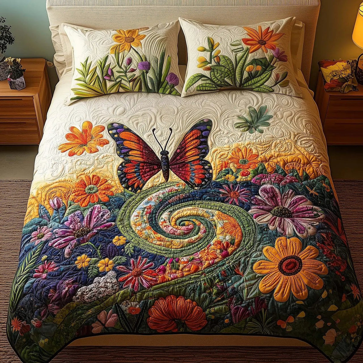 Butterfly Garden Quilted Bedding Set, Summer Vibes Floral Blanket with Pillowcases, Festive Winter Bedroom Decor, Bedding Decor PTBED72
