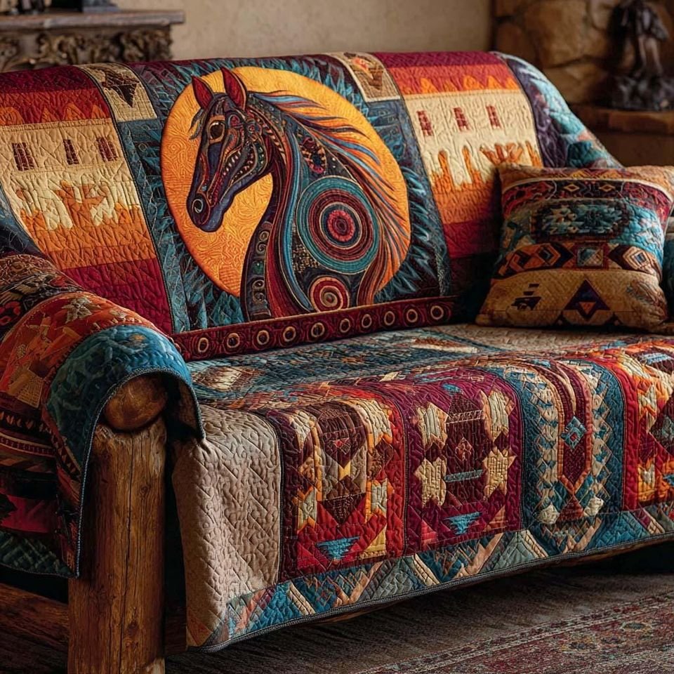Personalized Boho Horse Quilted Sofa Cover, Horse Sofa Cover, Patchwork Couch Throw, Sofa Protector, Holiday Sofa Decor QUILTSOFA35