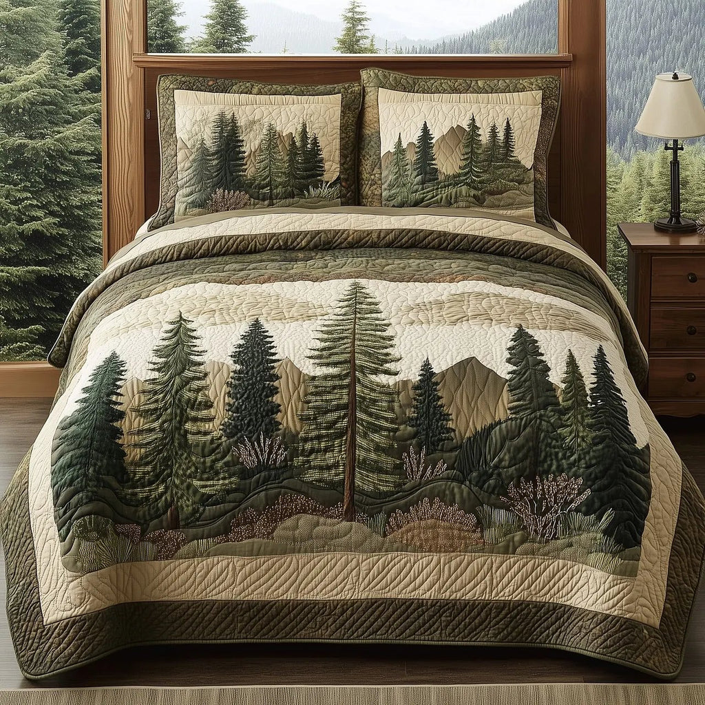 Misty Forest Quilted Bedding Set, Forest Blanket with Pillowcases, Festive Winter Bedroom Decor, Bedding Decor PTBED73