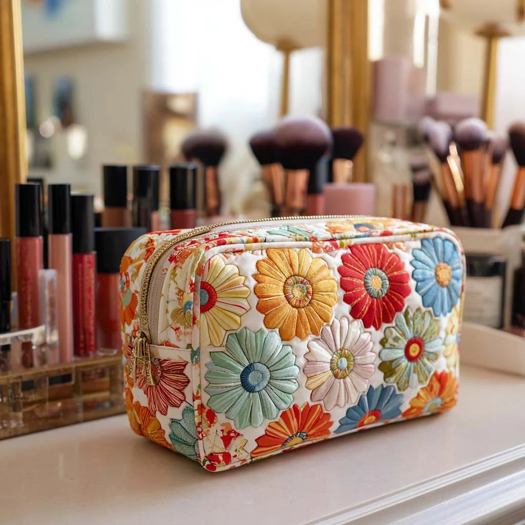 Quilted Colorful Daisy Makeup Bag, Floral Cosmetic Bag, Wildflower Travel Toiletry Pouch, Botanical Zipper Organizer Gift for Women – QMBPETAL43