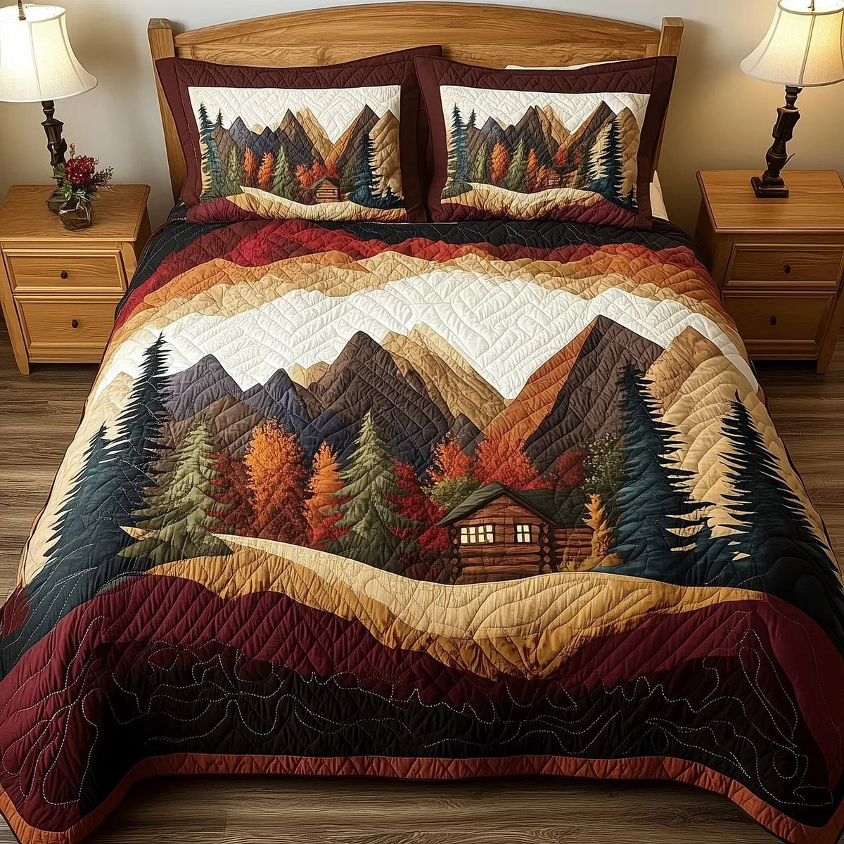 Rustic Forest Quilted Bedding Set, Forest Blanket with Pillowcases, Festive Winter Bedroom Decor, Bedding Decor PTBED74