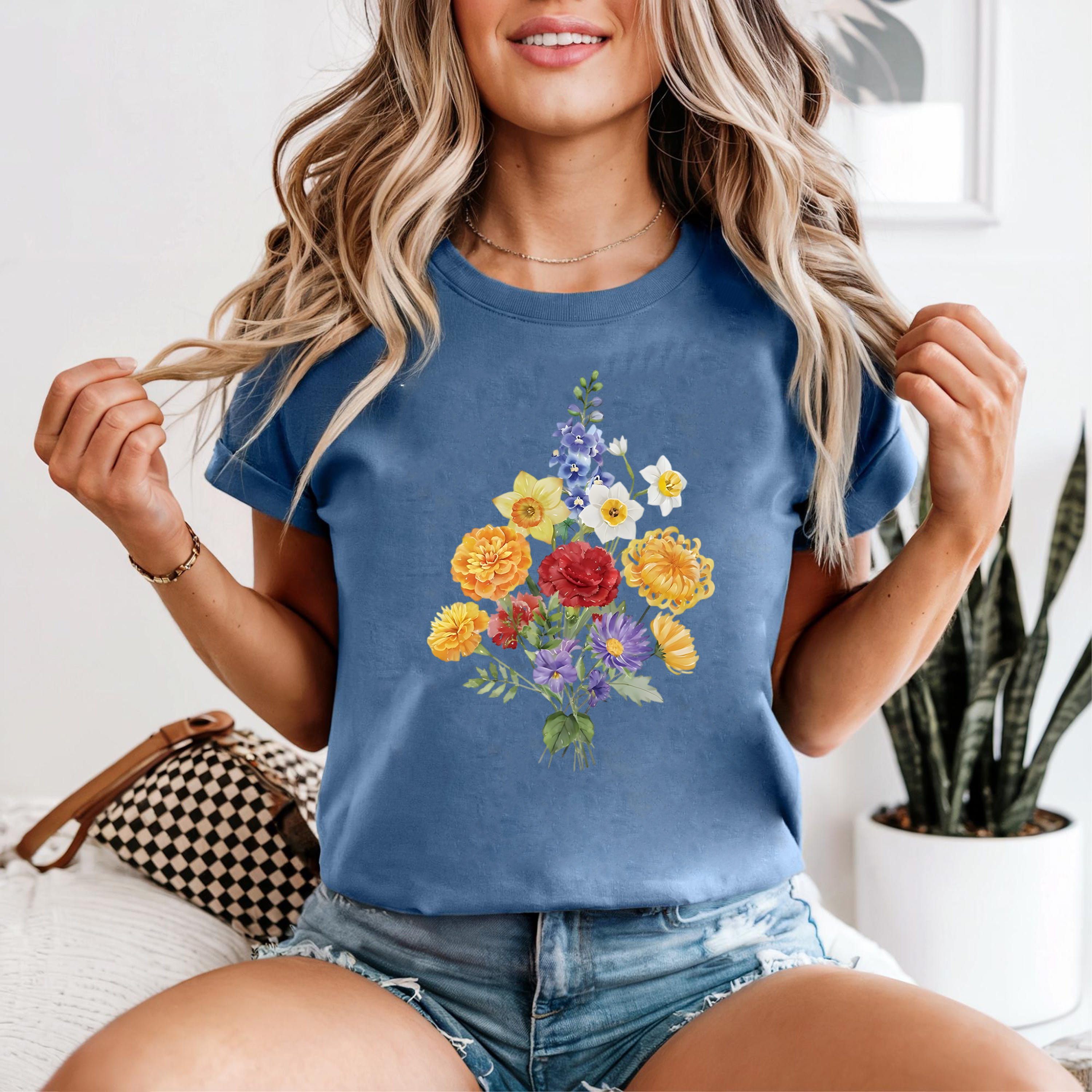 Colorful Floral Shirt, Spring Flower Bouquet Tee, Botanical Garden Shirt, Wildflower T-Shirt, Daffodil Carnation Tee